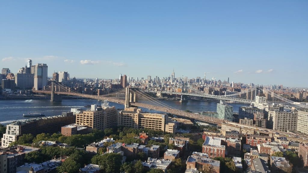 New York City skyline over the two bridges.